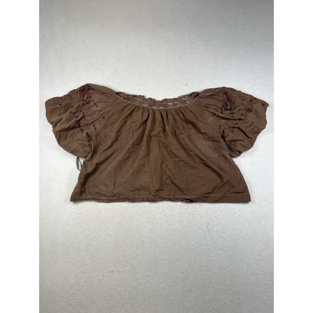 Free People Women's Embroidered Puff Sleeve Brown Crop Top Size XS - Picture 2 of 12